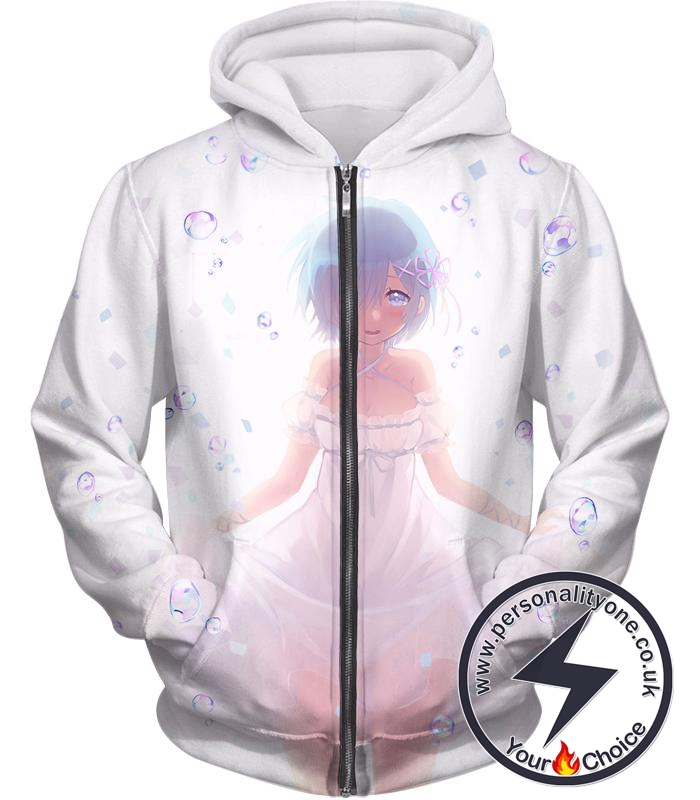 Re:Zero Very Attractive Anime Maid Rem White Zip Up Hoodie